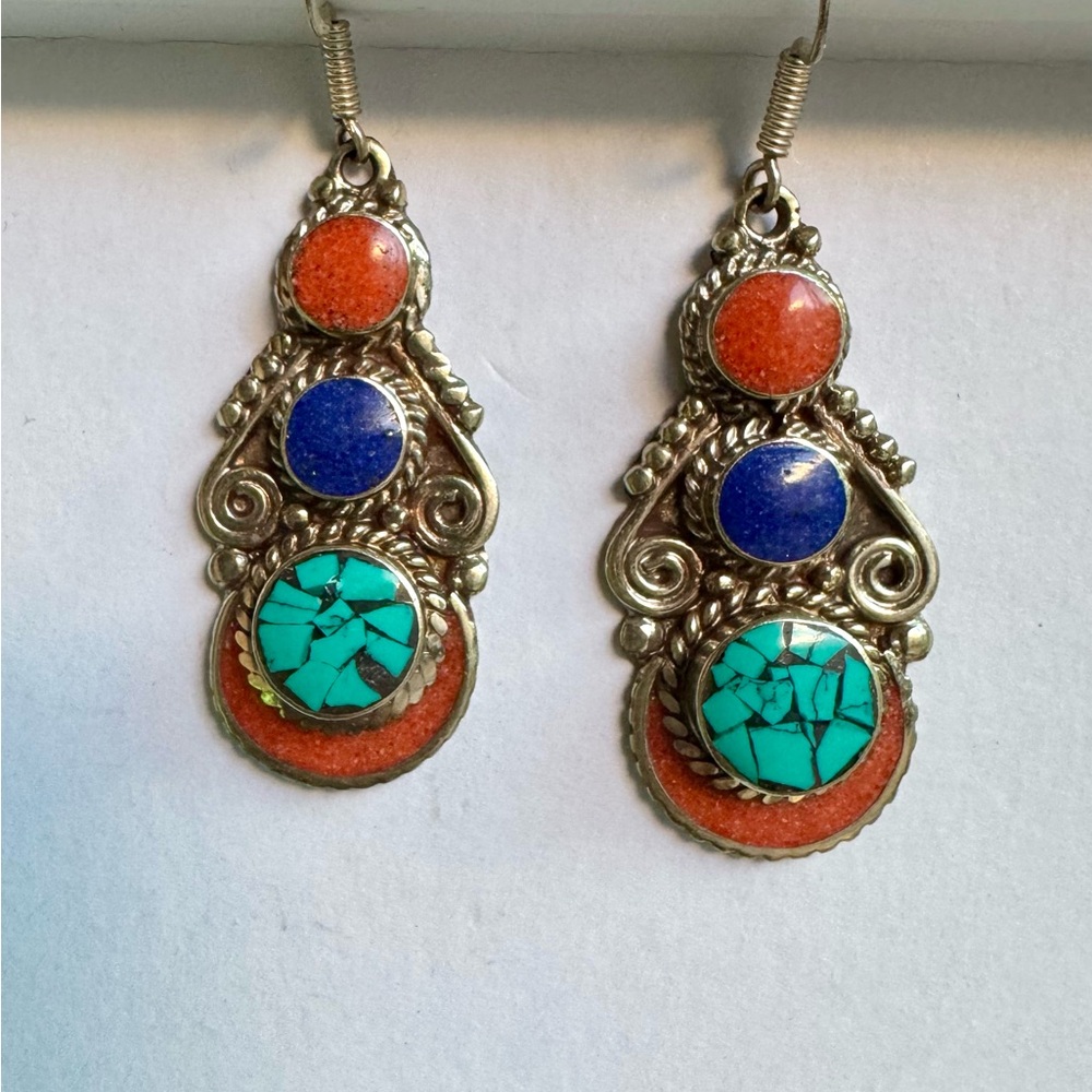 Nepal Tibet Turquoise, Blue Lapiz and Coral White Silver Dangle Earrings